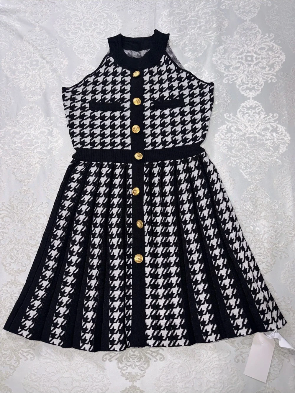 Miss Rosier Jacqueline Black Houndstooth Knit Mini Dress Pleated Size Medium NWT - Picture 3 of 10